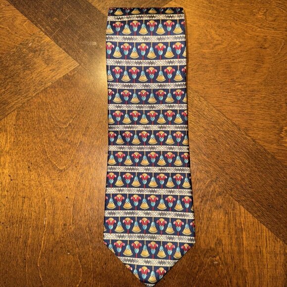 METROPOLITAN MUSEUM of ART 100% Silk Tie Navy with Yellow Red Patterned Tassels - Picture 1 of 6